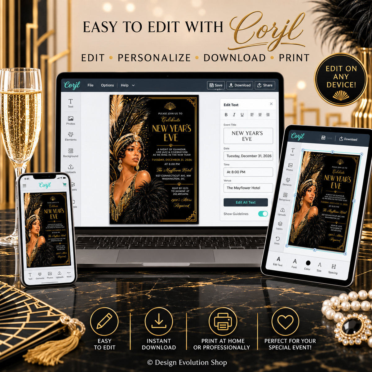 Art Deco New Years Eve Invitation | 1920s Harlem Nights Theme | Editable Template