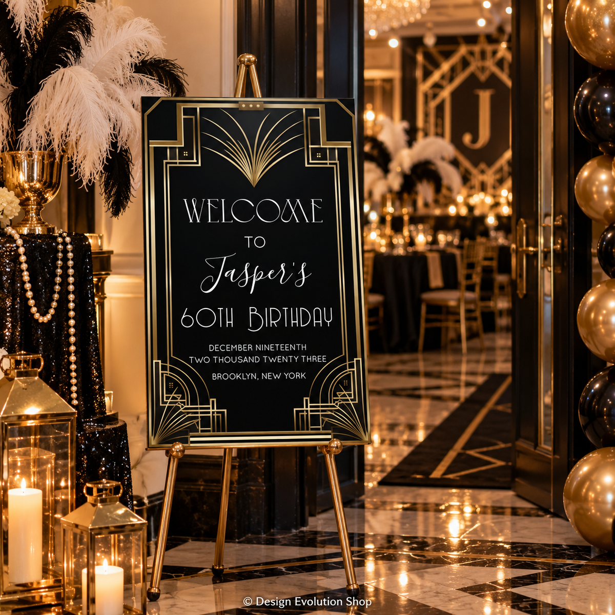 Art Deco Welcome Sign Template | Roaring 20s Great Gatsby Party Sign | 24 x 36 Editable Sign