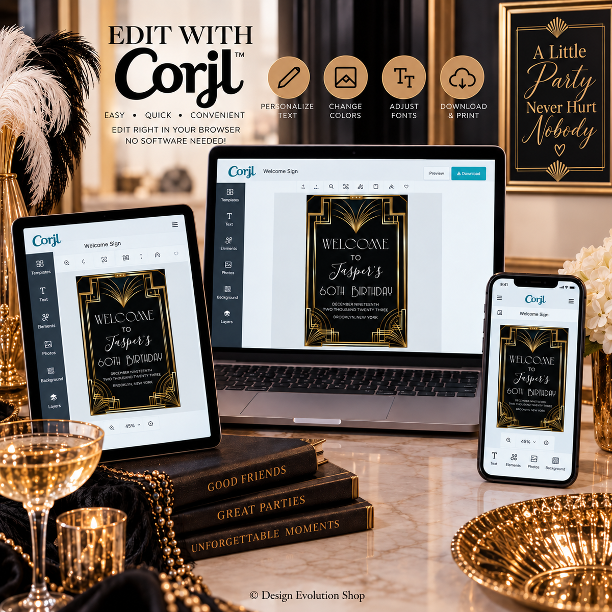 Art Deco Welcome Sign Template | Roaring 20s Great Gatsby Party Sign | 24 x 36 Editable Sign
