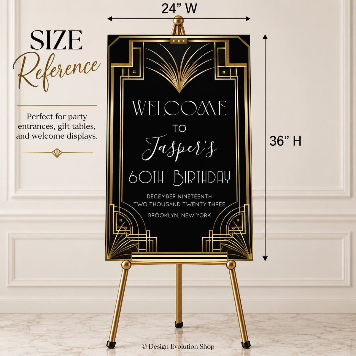 Art Deco Welcome Sign Template | Roaring 20s Great Gatsby Party Sign | 24 x 36 Editable Sign