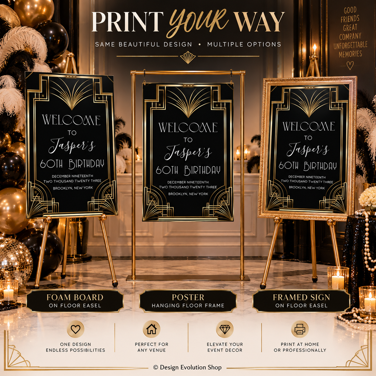 Art Deco Welcome Sign Template | Roaring 20s Great Gatsby Party Sign | 24 x 36 Editable Sign