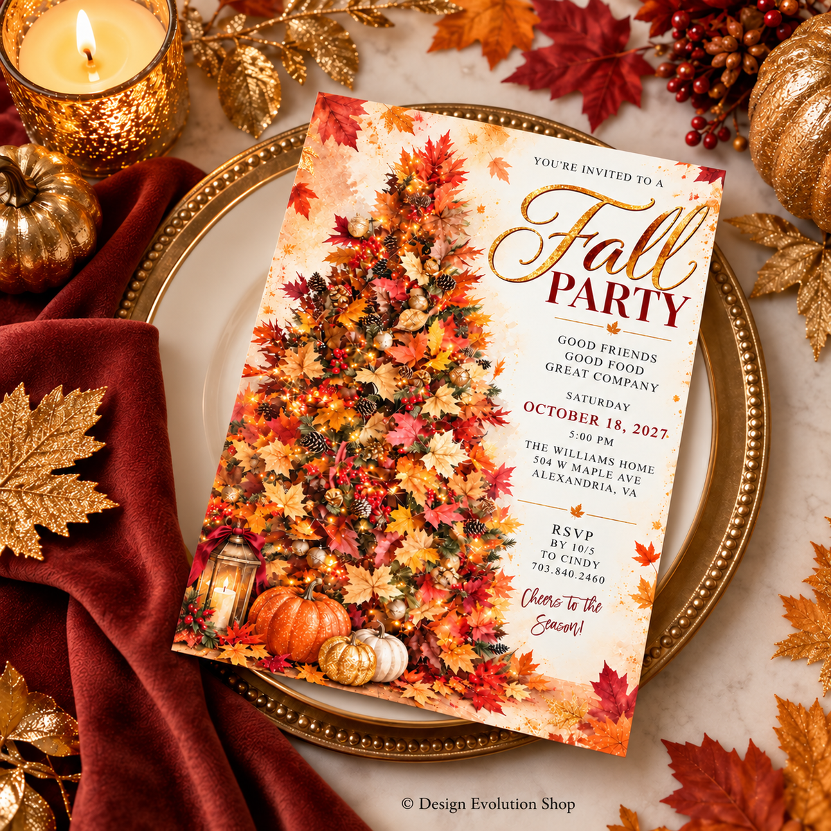 Elegant Fall Party Invitation | Autumn Tree & Pumpkin | Editable Template
