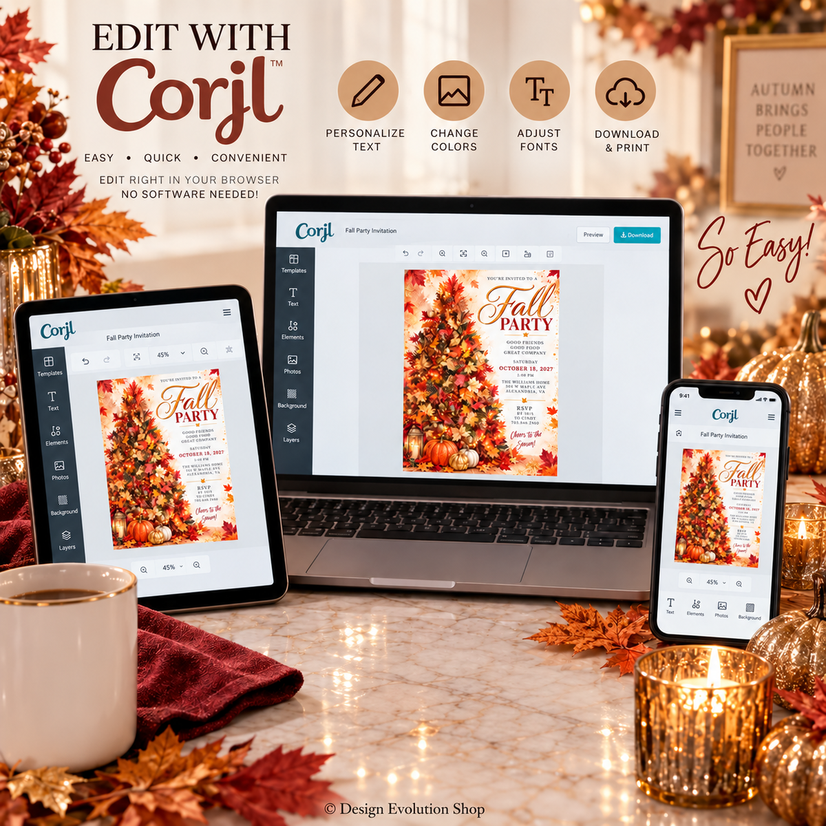 Elegant Fall Party Invitation | Autumn Tree & Pumpkin | Editable Template
