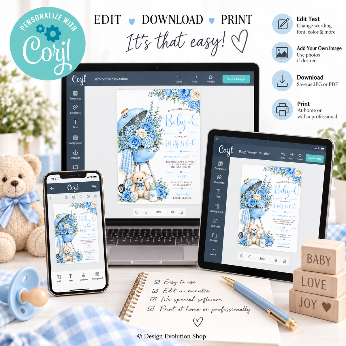 Baby-Q BBQ Shower Invitation | Blue Floral Grill |  Editable Template