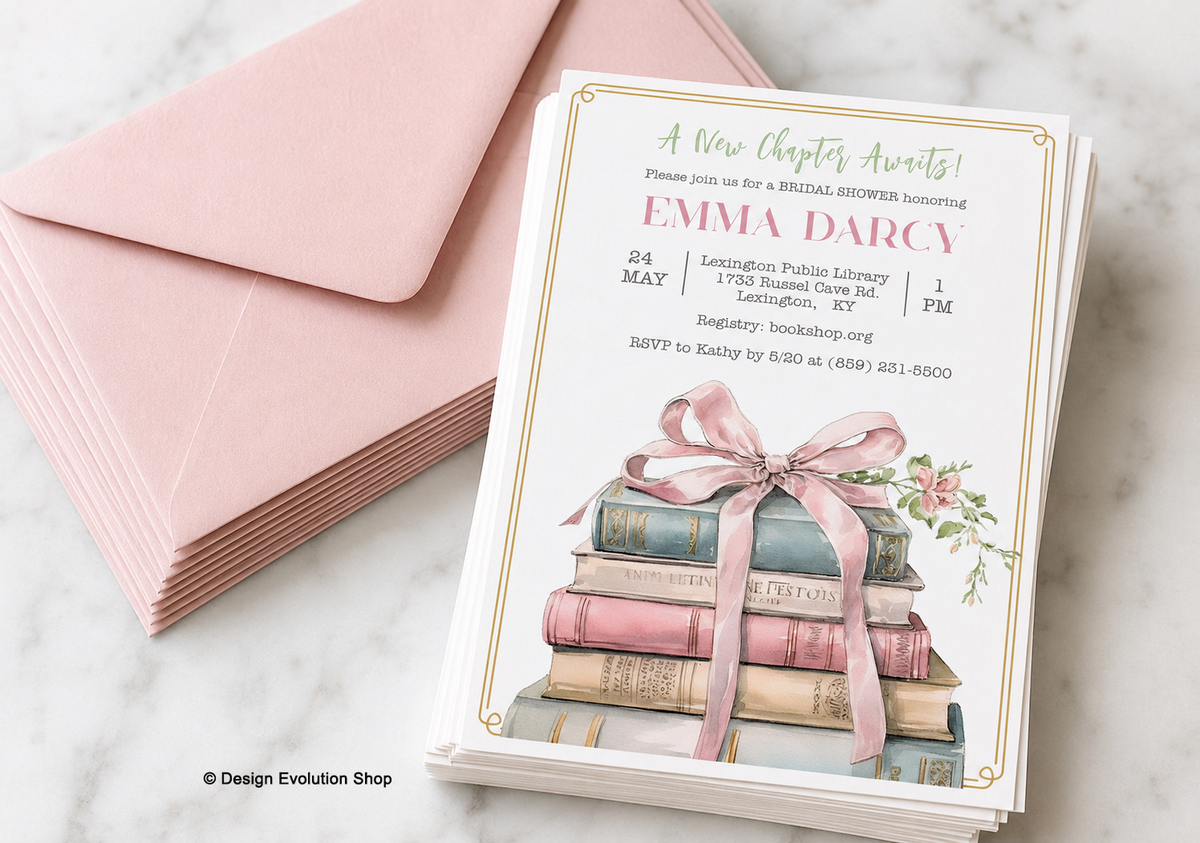 Book Themed Ribbon Bridal Shower Invitation Editable Template