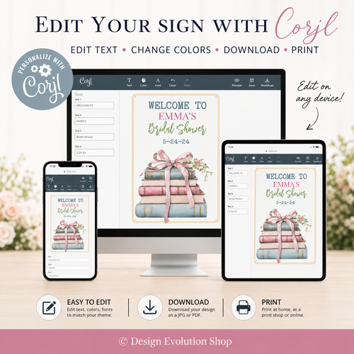 Book themed Bridal Shower Welcome Sign Editable Template | 24 x 36 Editable Sign