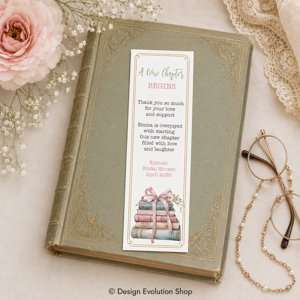 Book Themed Ribbon Bridal Shower Bookmark Editable Template