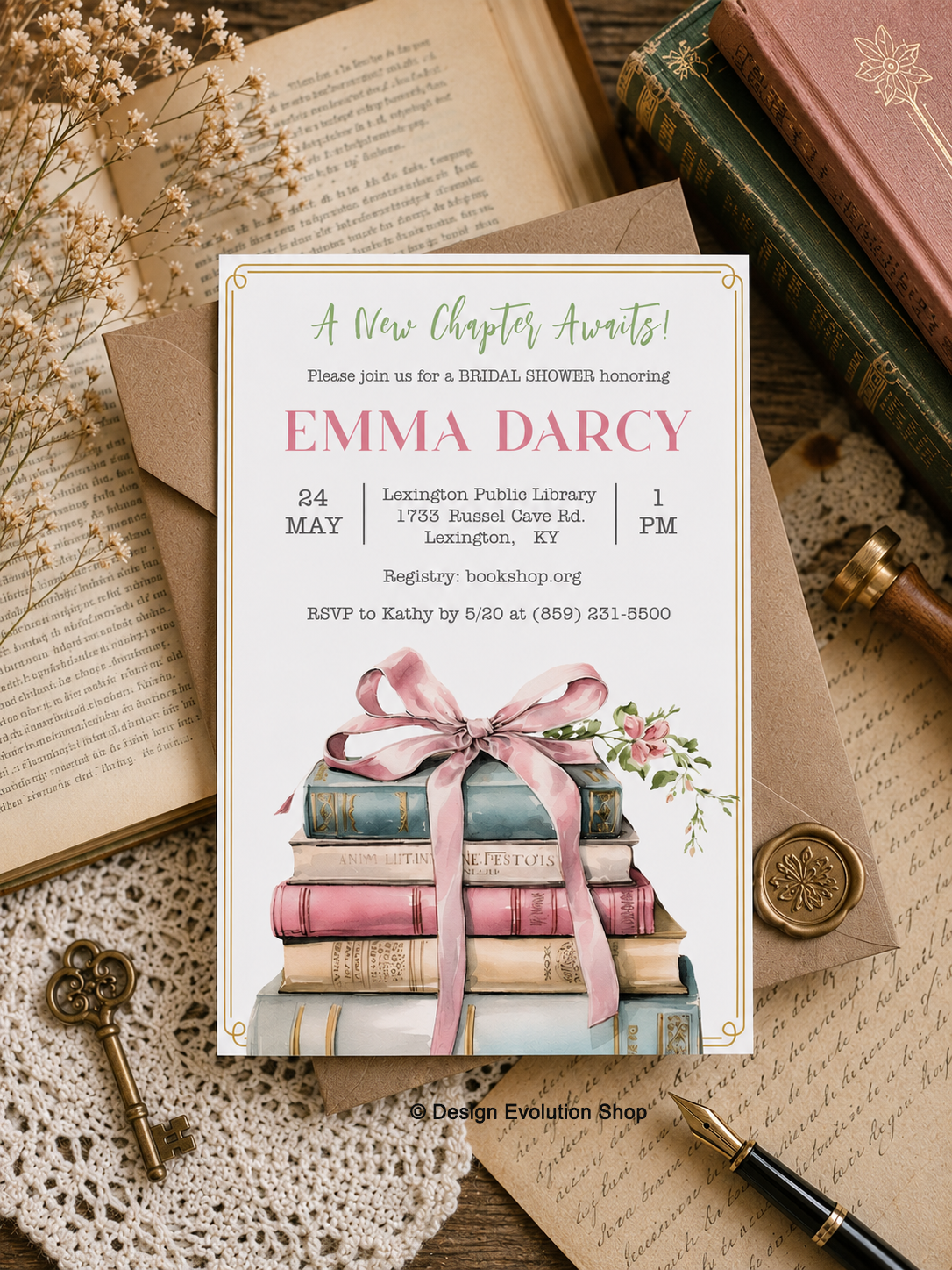 Book Themed Ribbon Bridal Shower Invitation Editable Template