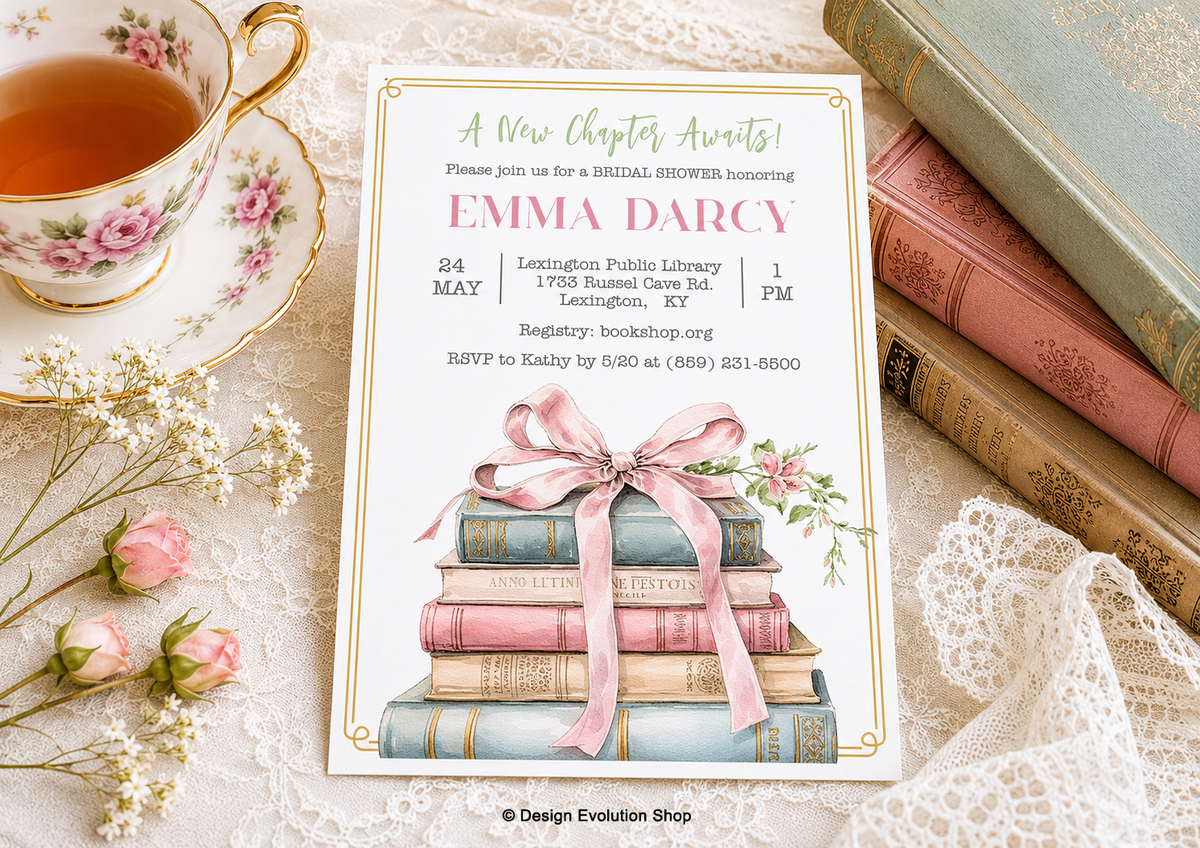 Book Themed Ribbon Bridal Shower Invitation Editable Template
