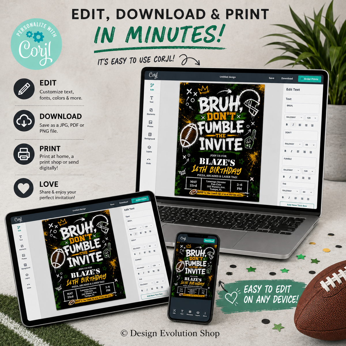 Bruh Don't Fumble the Invite Chalk Birthday Invitation |  Editable Template