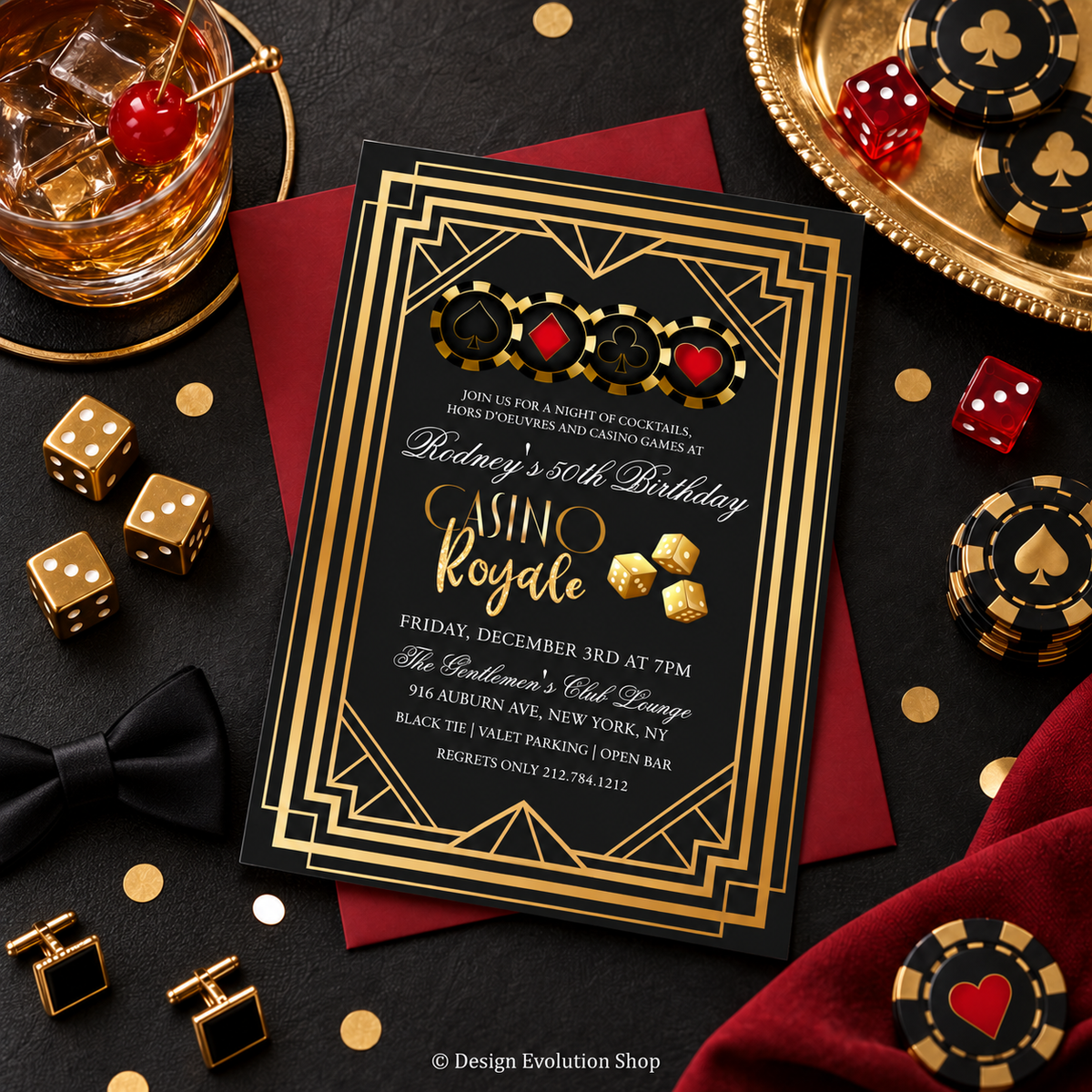Casino Royale Birthday Invitation | Black & Gold Casino Party Invite | Editable Template