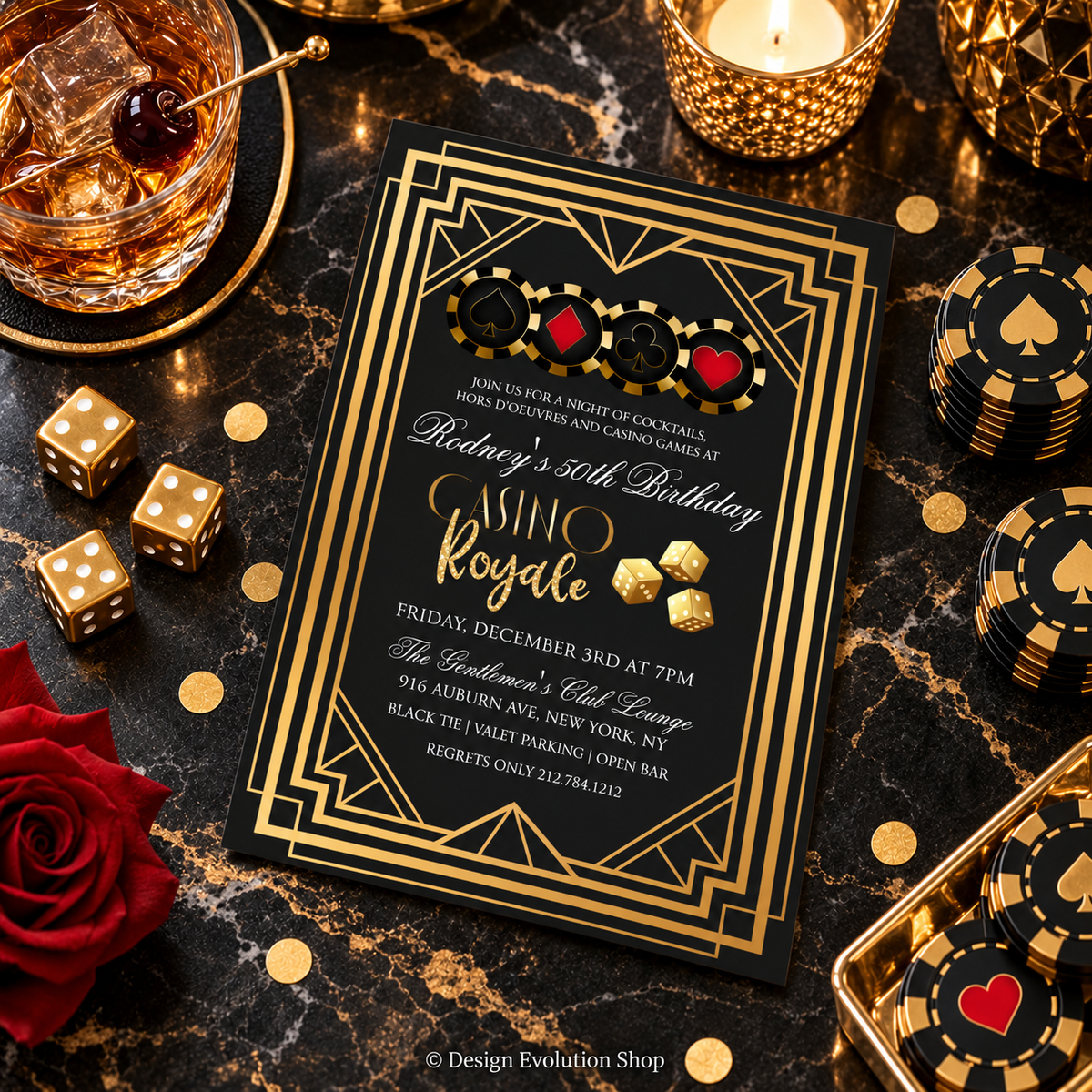 Casino Royale Birthday Invitation | Black & Gold Casino Party Invite | Editable Template