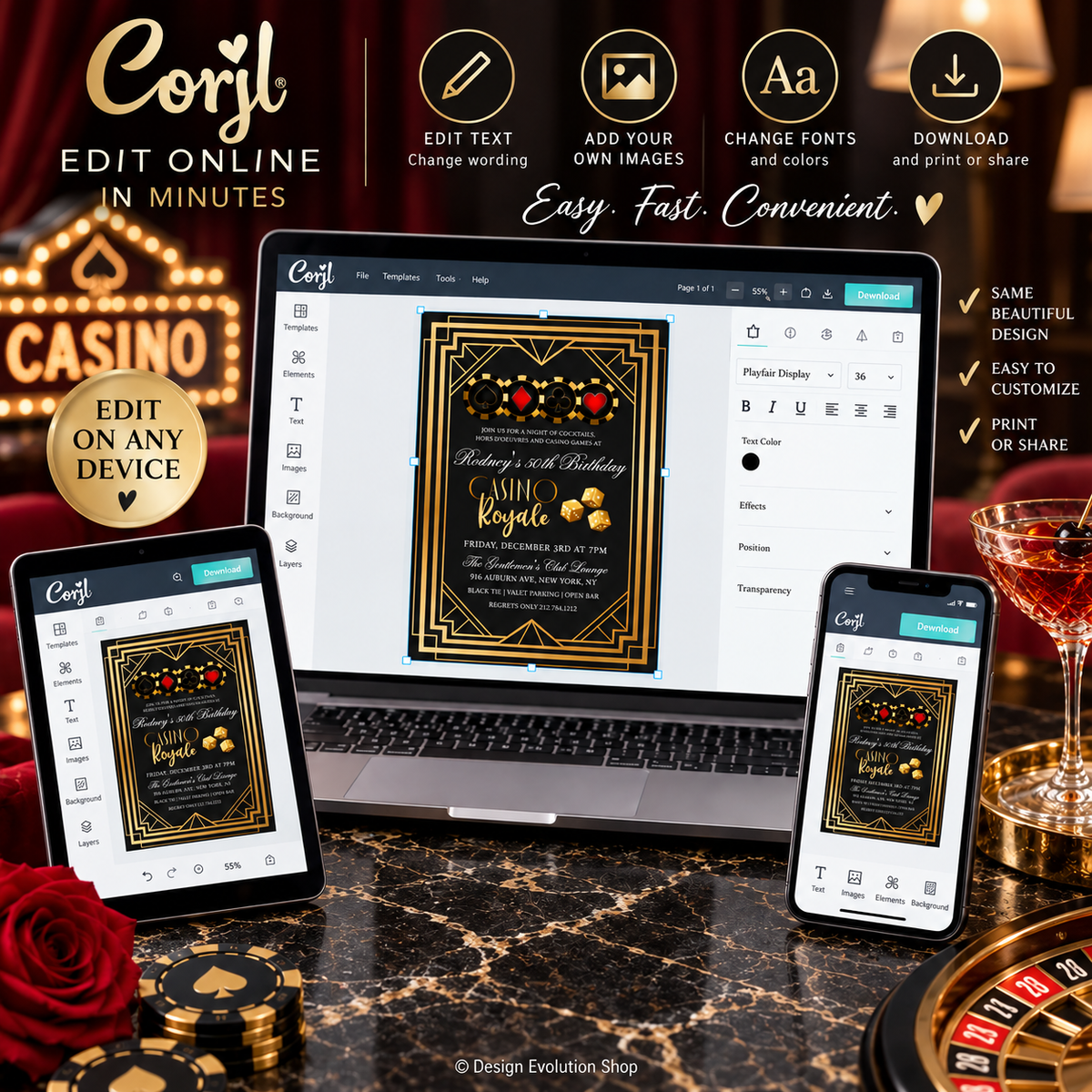 Casino Royale Birthday Invitation | Black & Gold Casino Party Invite | Editable Template
