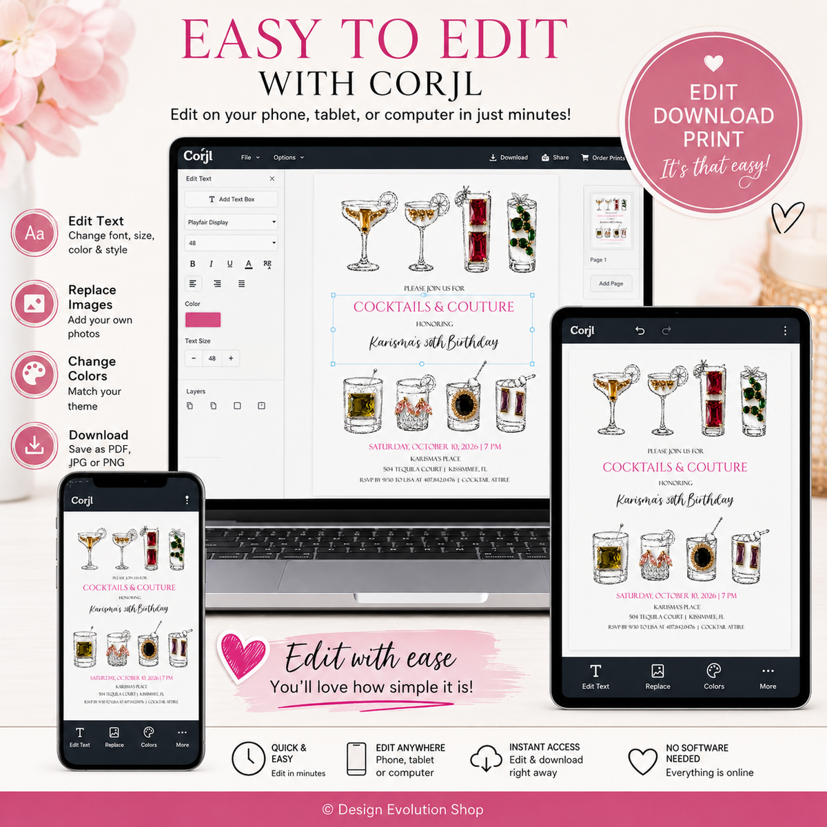 Cocktails and Couture Invitation |  Editable Template