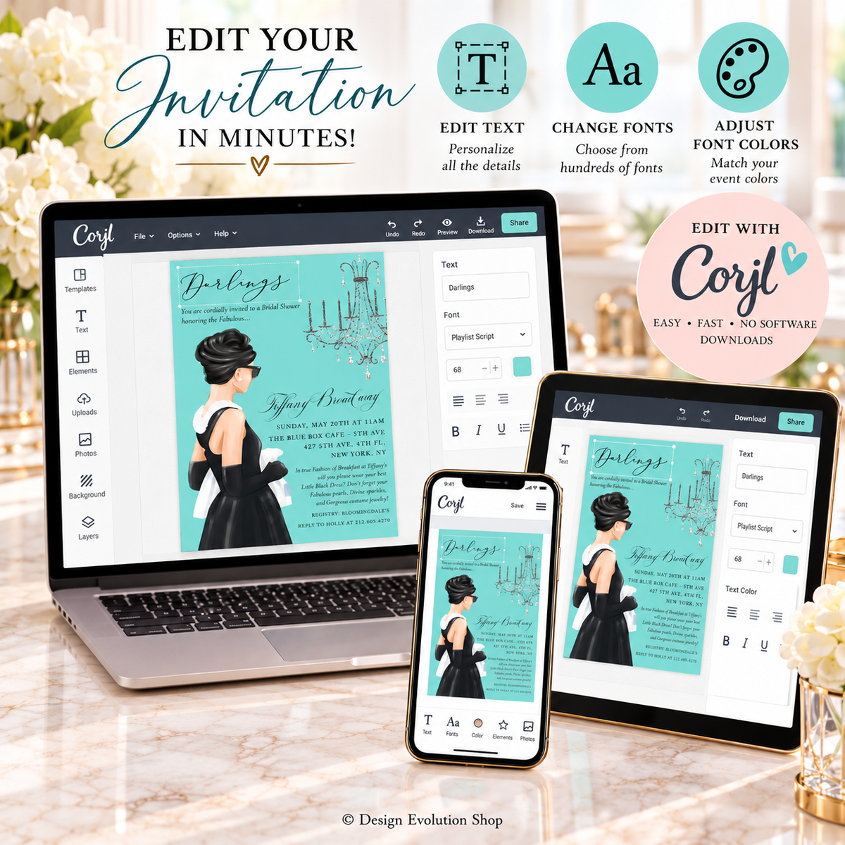 Breakfast at Tiffany’s Bridal Shower Invitation | Black Hair Editable Template