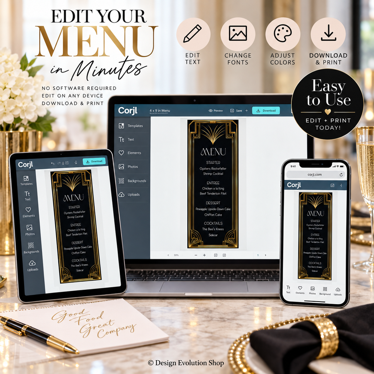 Art Deco Menu | Great Gatsby Dinner Menu | Editable Template