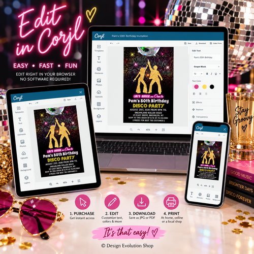70s Disco Birthday Invitation | Retro Disco Party Invite | Editable Template