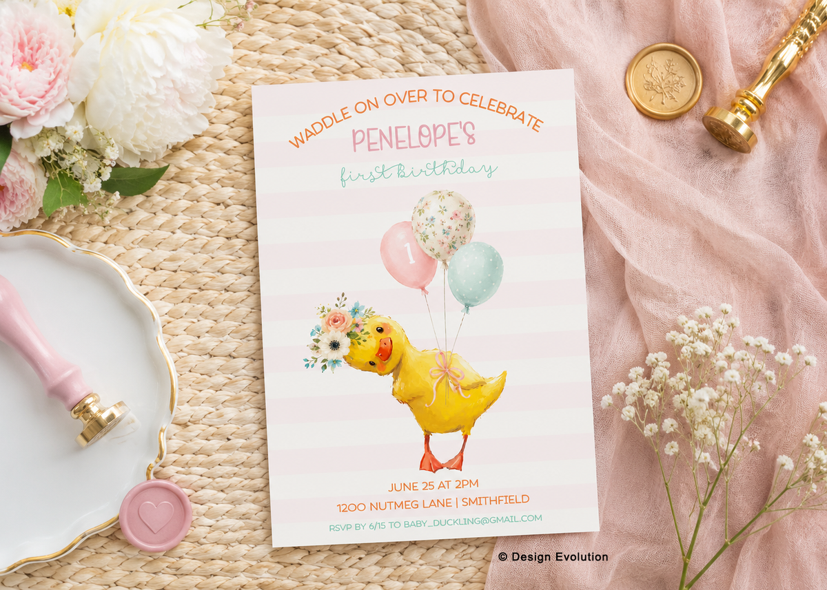 Little Duckling Girl Birthday Invitation Editable Template