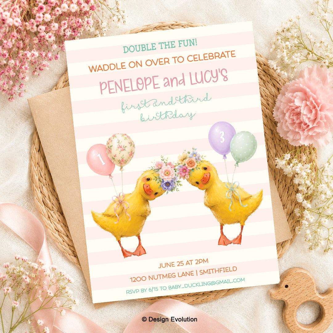 Two Little Ducklings Girl Birthday Invitation Editable Template