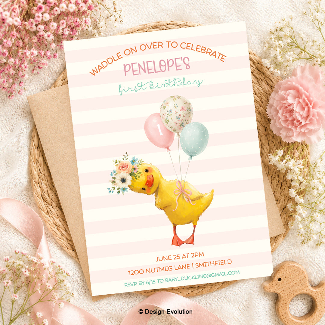 Little Duckling Girl Birthday Invitation Editable Template