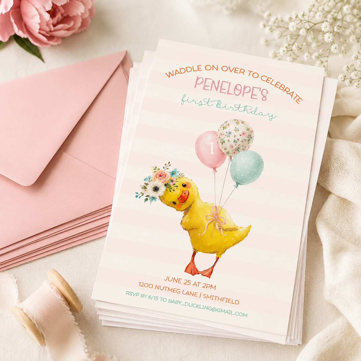 Little Duckling Girl Birthday Invitation Editable Template