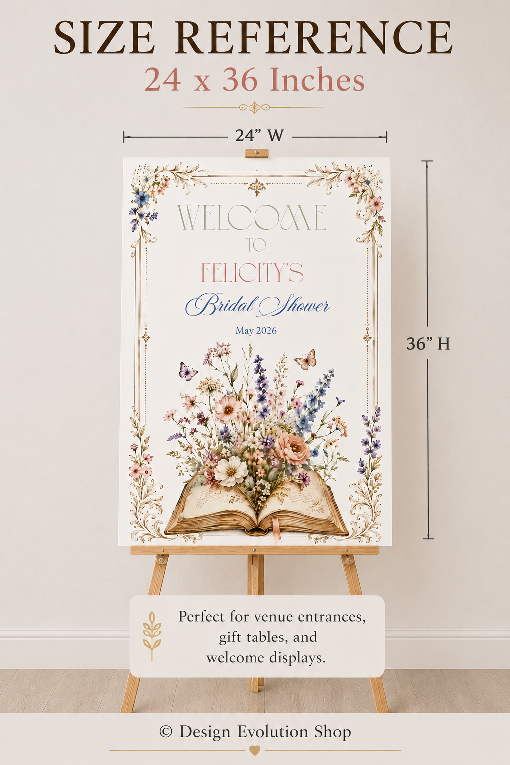 Floral Book Themed Bridal Shower Welcome Sign Editable Template | 24 x 36 Editable Sign