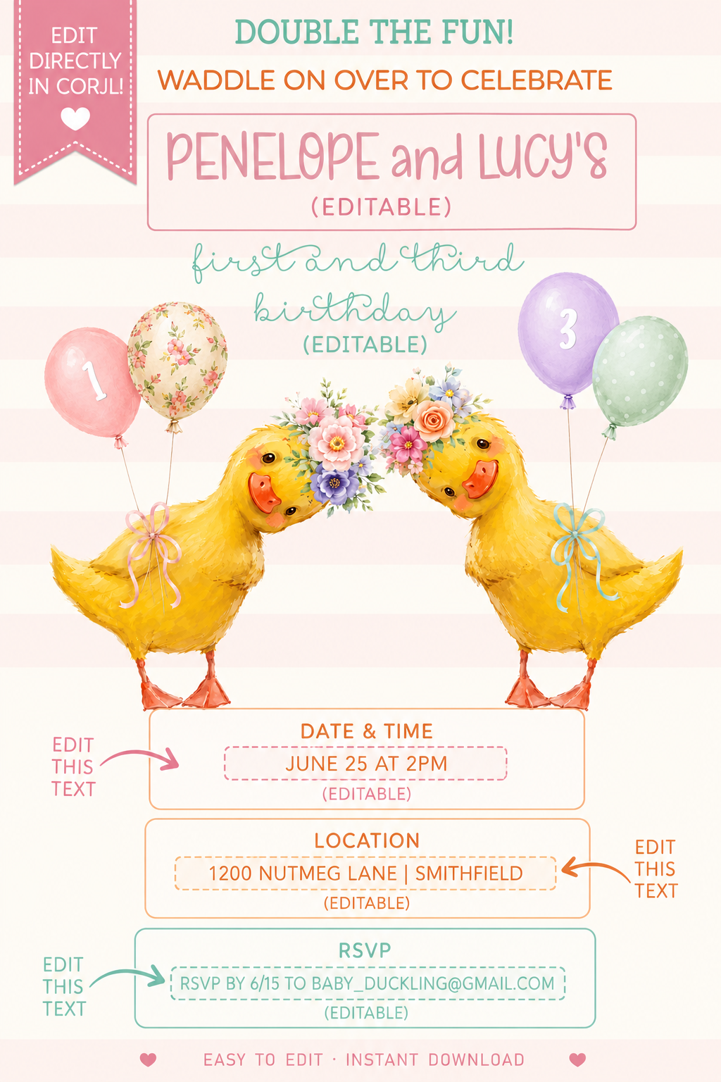 Two Little Ducklings Girl Birthday Invitation Editable Template