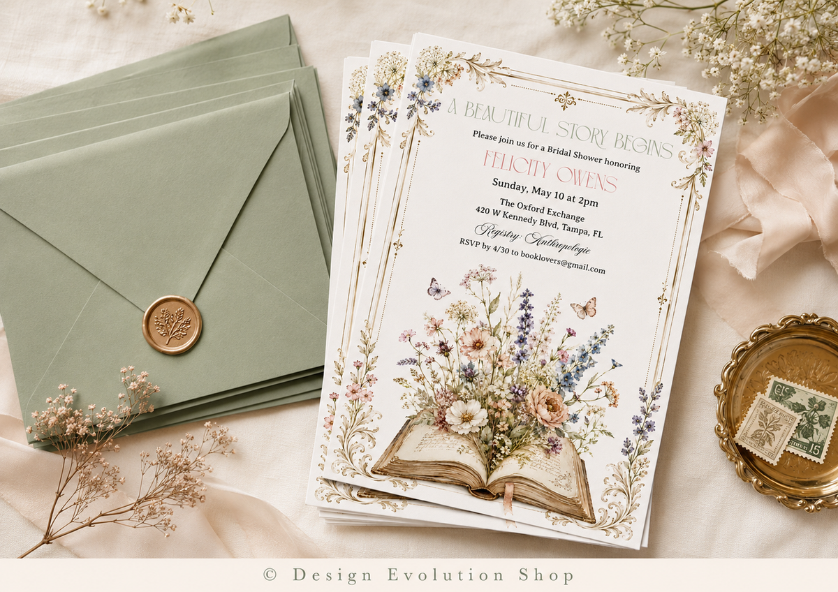 Floral Book Themed Bridal Shower Invitation Editable Template