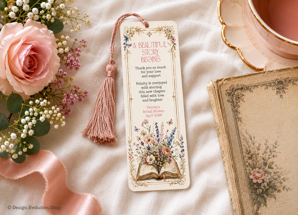 Floral Book Themed Bridal Shower Bookmark Editable Template