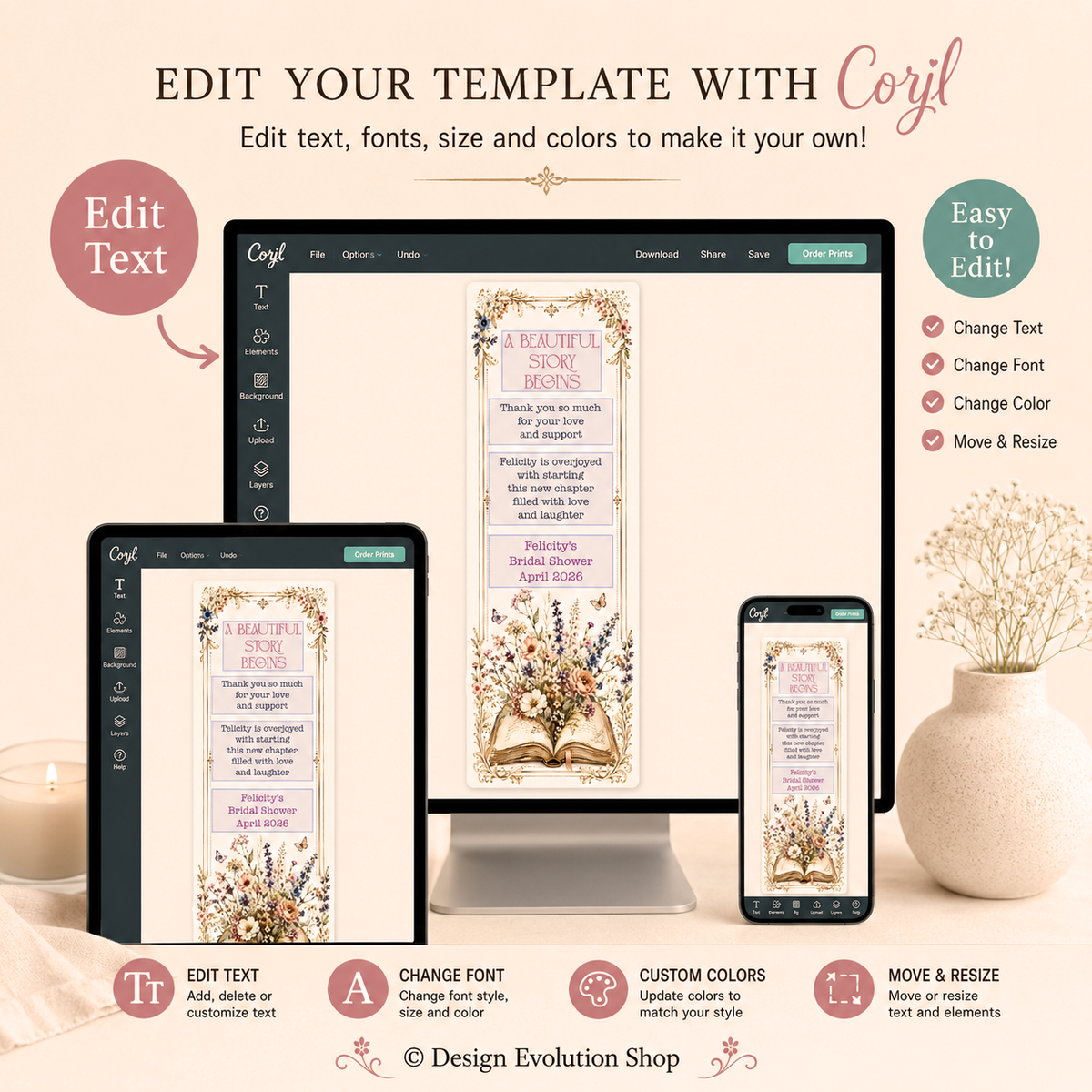 Floral Book Themed Bridal Shower Bookmark Editable Template