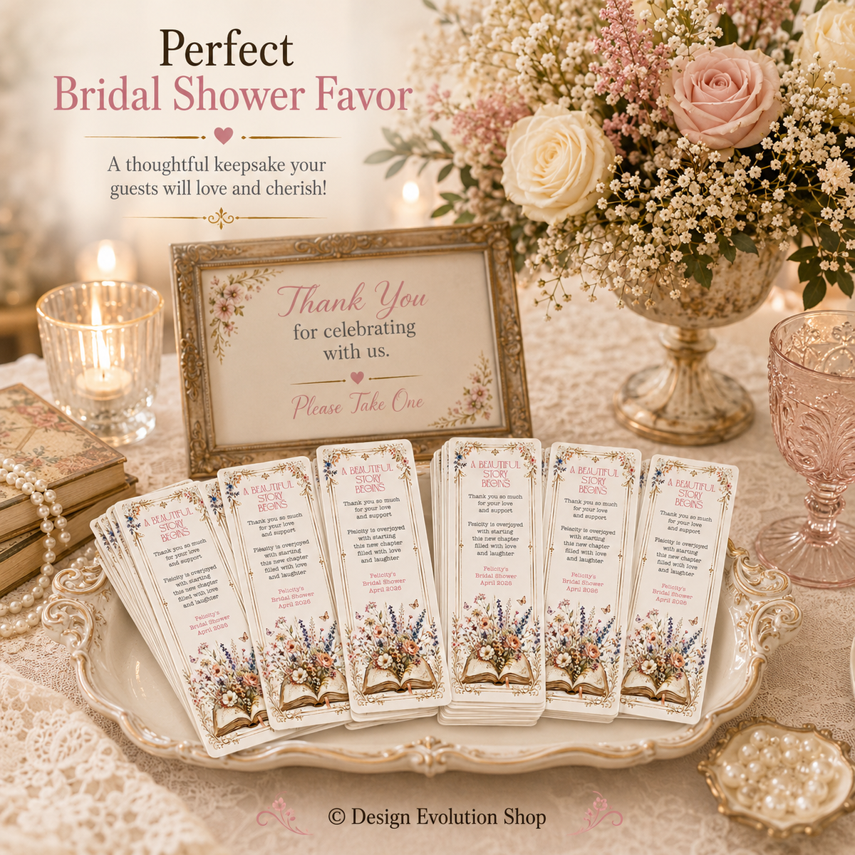 Floral Book Themed Bridal Shower Bookmark Editable Template