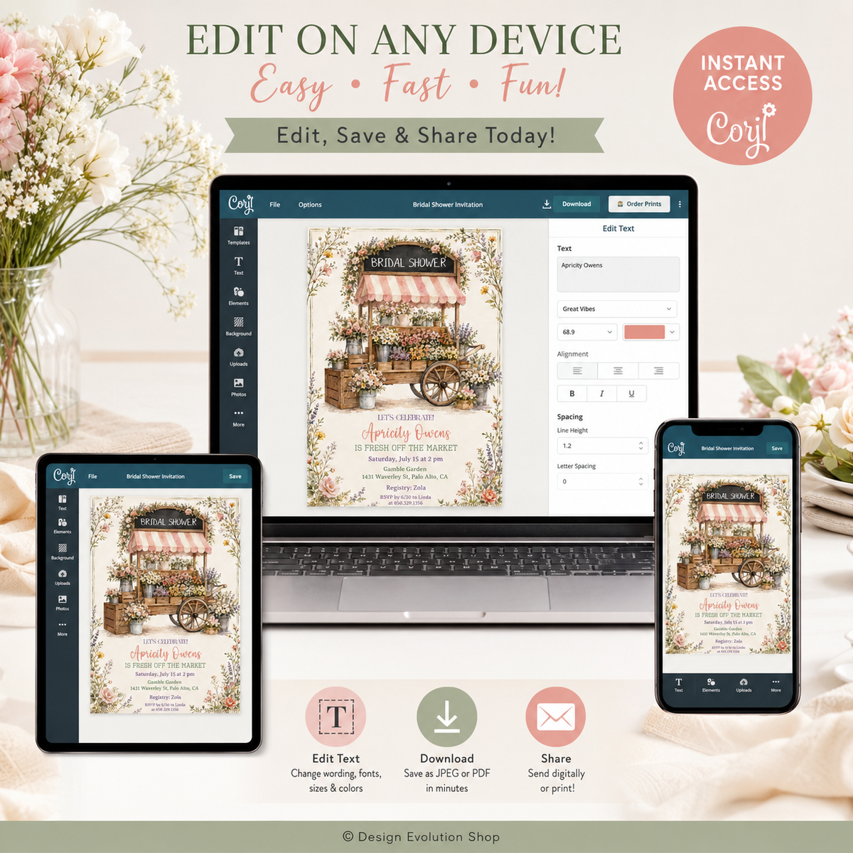 Fresh Off the Market Bridal Shower Invitation | Vintage Flower Cart Editable Template
