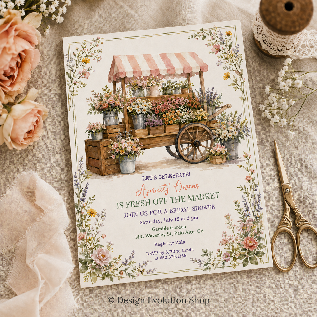 Vintage Flower Cart Invitation |  Editable Template