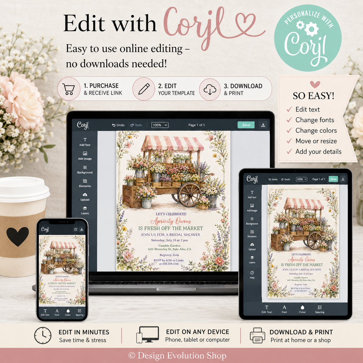 Vintage Flower Cart Invitation |  Editable Template