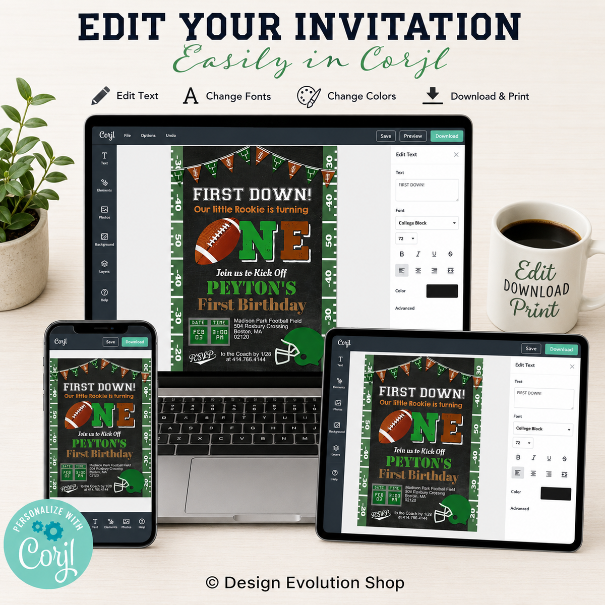 Football 1st Birthday Invitation: Chalkboard Sports Theme Editable Template