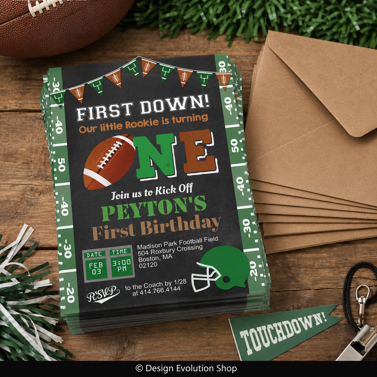 Football 1st Birthday Invitation: Chalkboard Sports Theme Editable Template