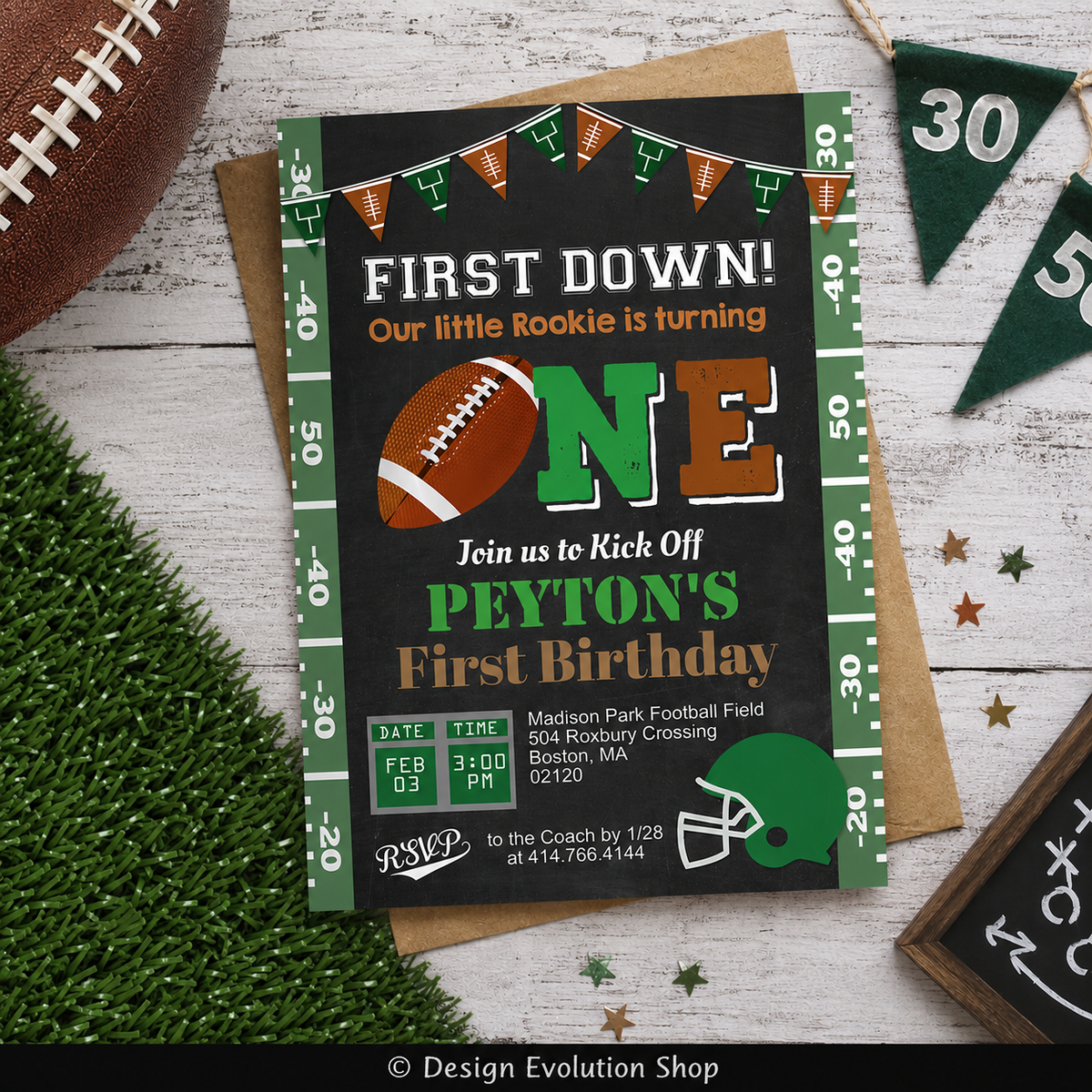 Football 1st Birthday Invitation: Chalkboard Sports Theme Editable Template