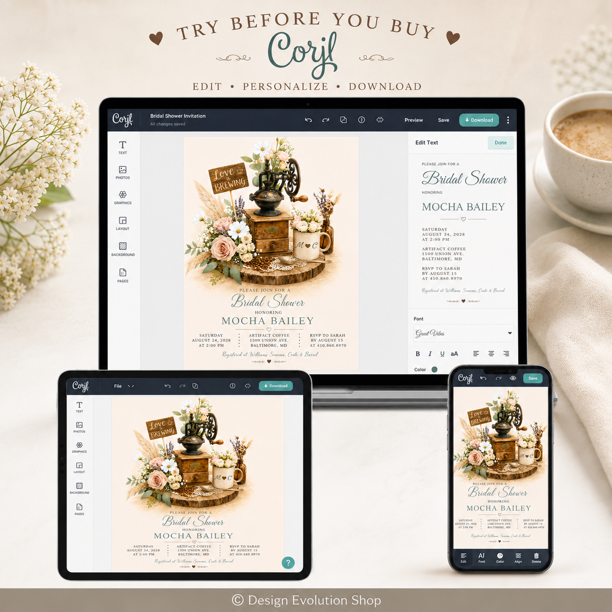 Love is Brewing Bridal Shower Invitation |  Editable Template