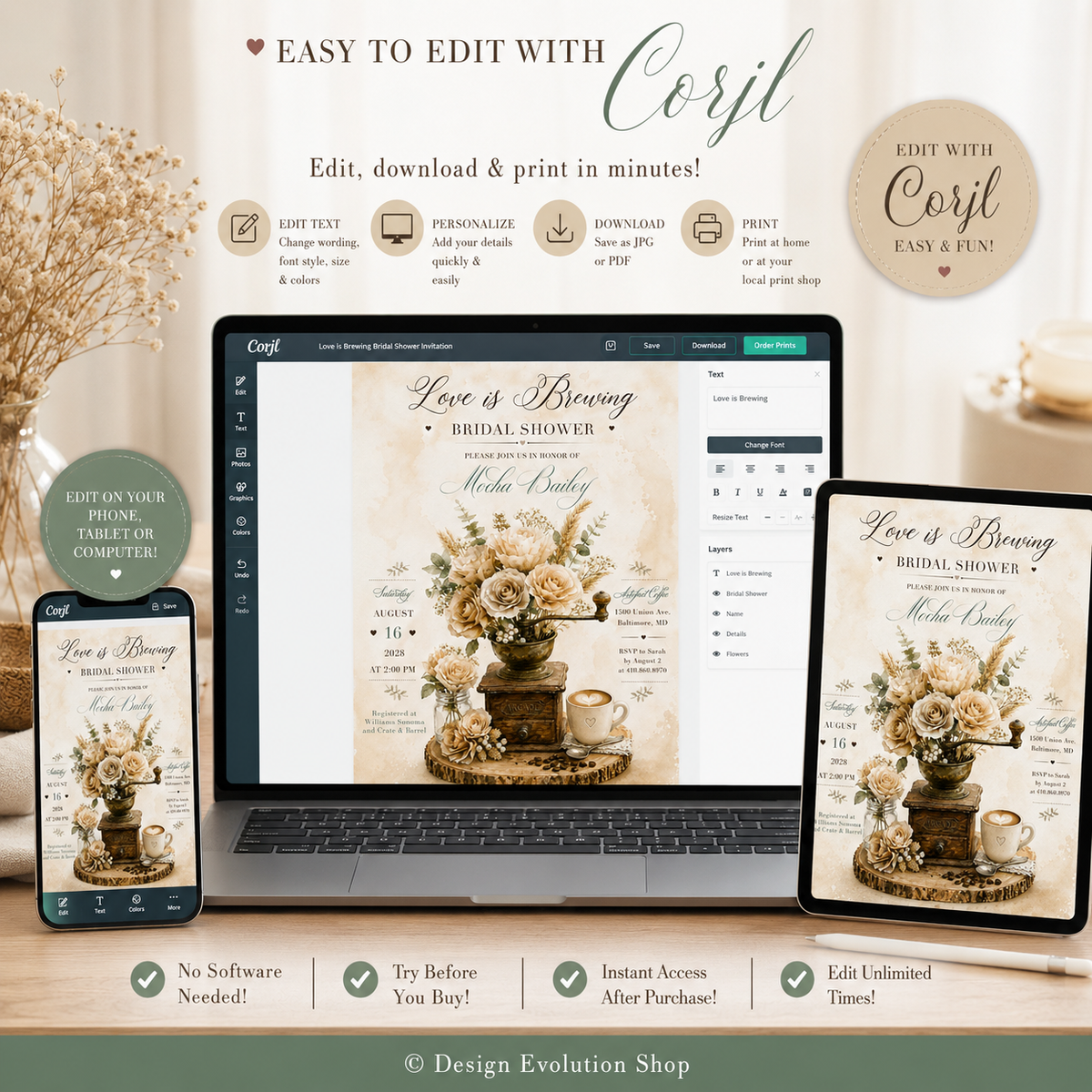 Love is Brewing Vintage Bridal Shower Invitation |  Editable Template
