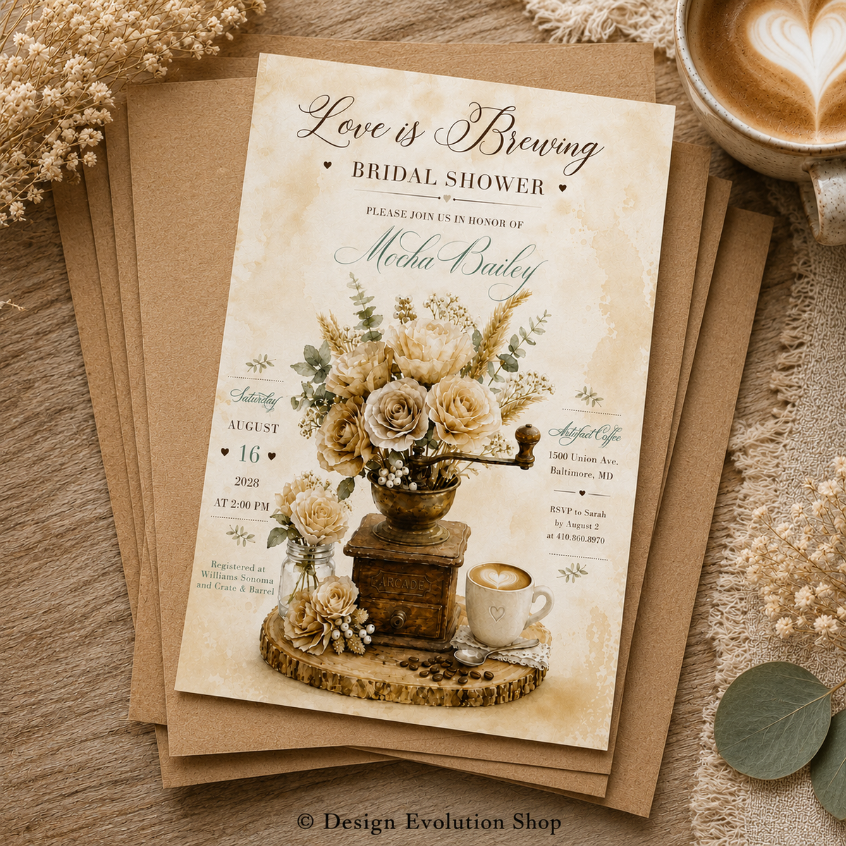 Love is Brewing Vintage Bridal Shower Invitation |  Editable Template