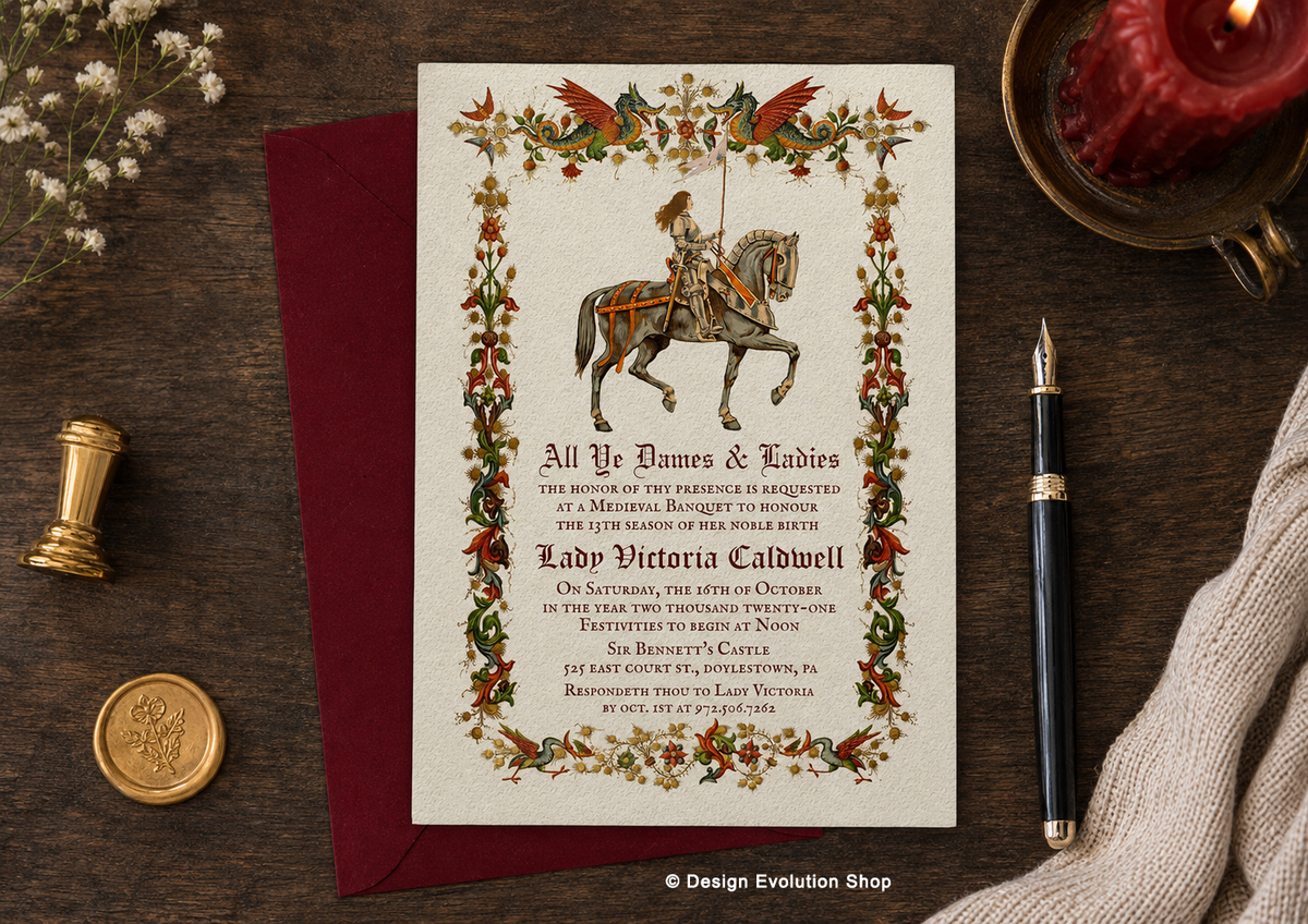 Medieval Female Knight Birthday Invitation | Editable Template