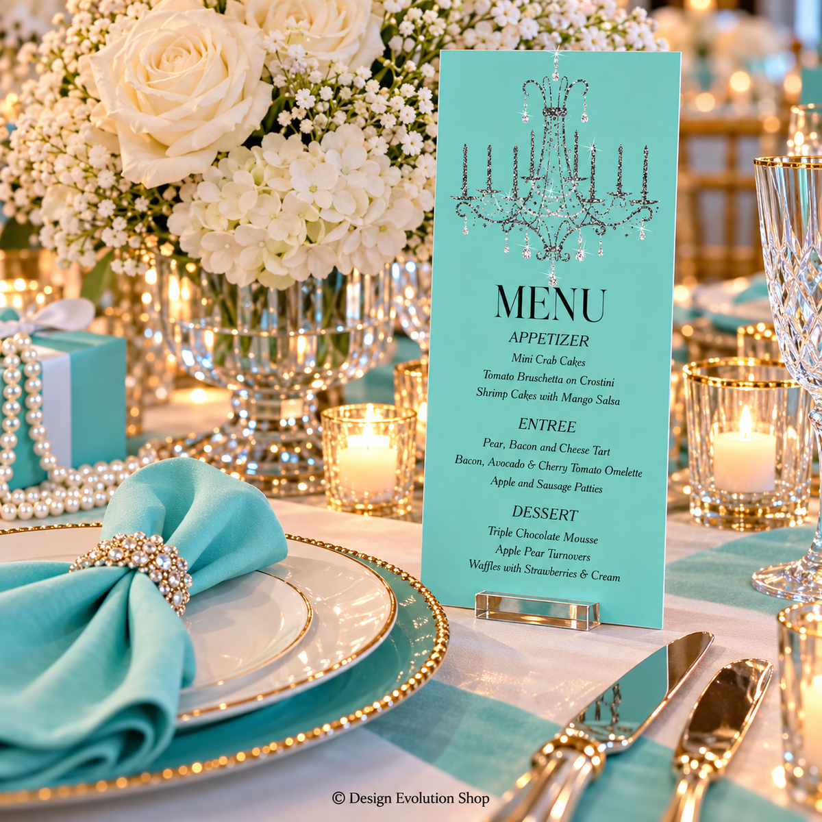 Breakfast at Tiffany’s Chandelier Bridal Shower Menu | Editable Template