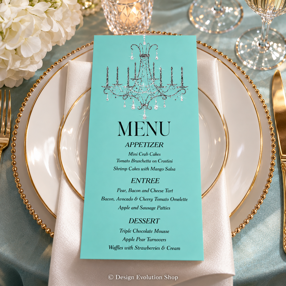 Breakfast at Tiffany’s Chandelier Bridal Shower Menu | Editable Template