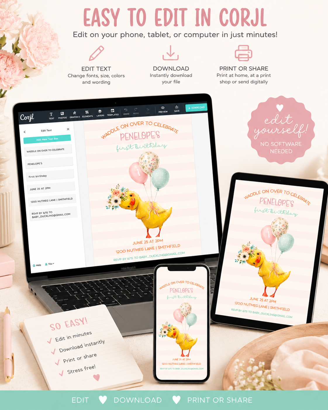 Little Duckling Girl Birthday Invitation Editable Template