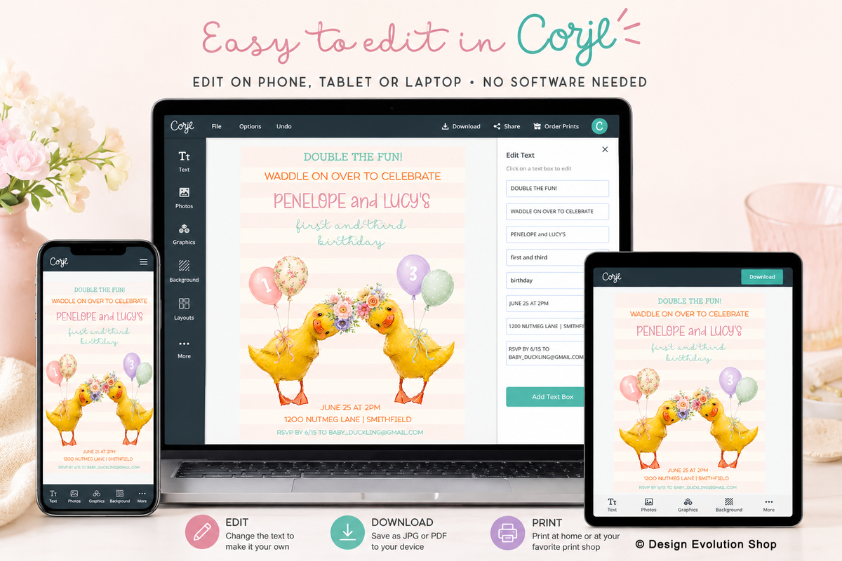 Two Little Ducklings Girl Birthday Invitation Editable Template