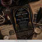 A styled flat-lay of a gothic art deco birthday invitation card, surrounded by vintage props including a glass of red wine, pearls, lipstick, a key, a magnifying glass, and old newspapers on a dark fabric background.