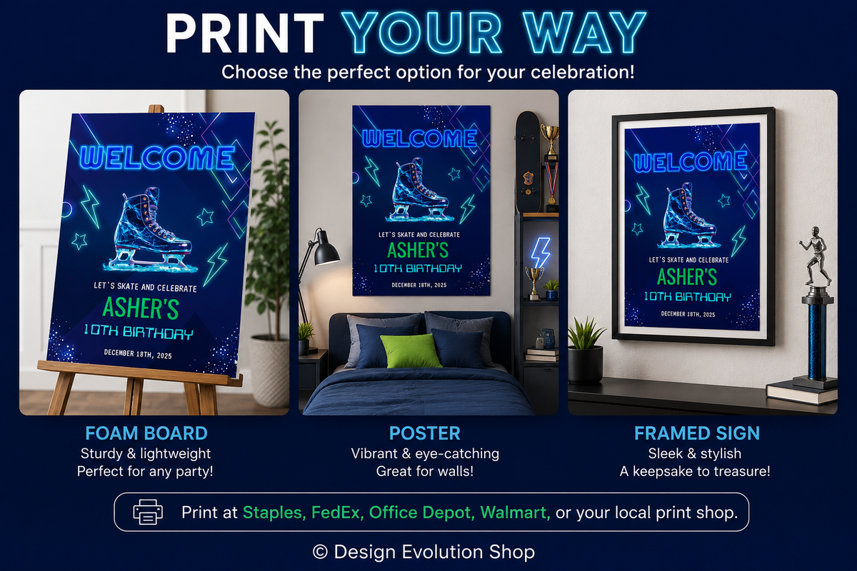 Neon Ice Skating Birthday Welcome Sign Editable Template | 24 x 36 Editable Sign