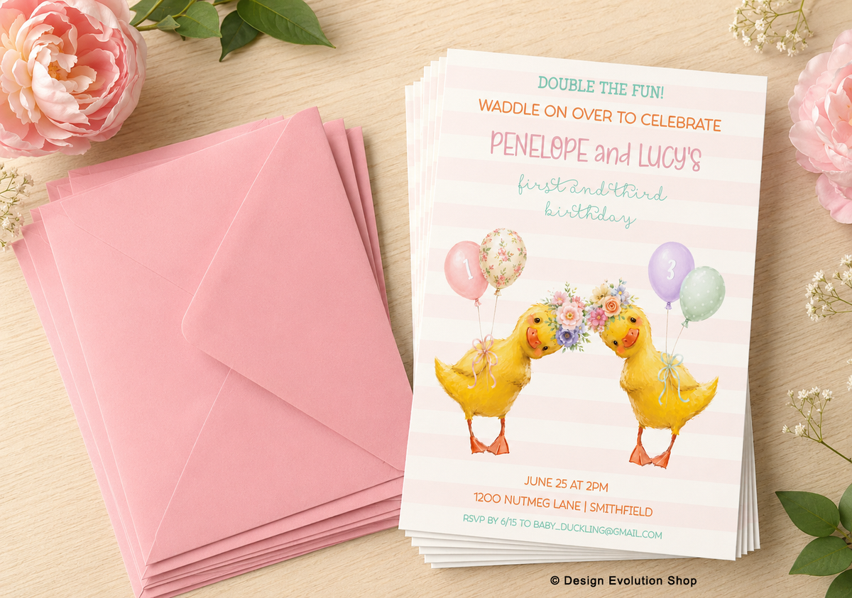 Two Little Ducklings Girl Birthday Invitation Editable Template