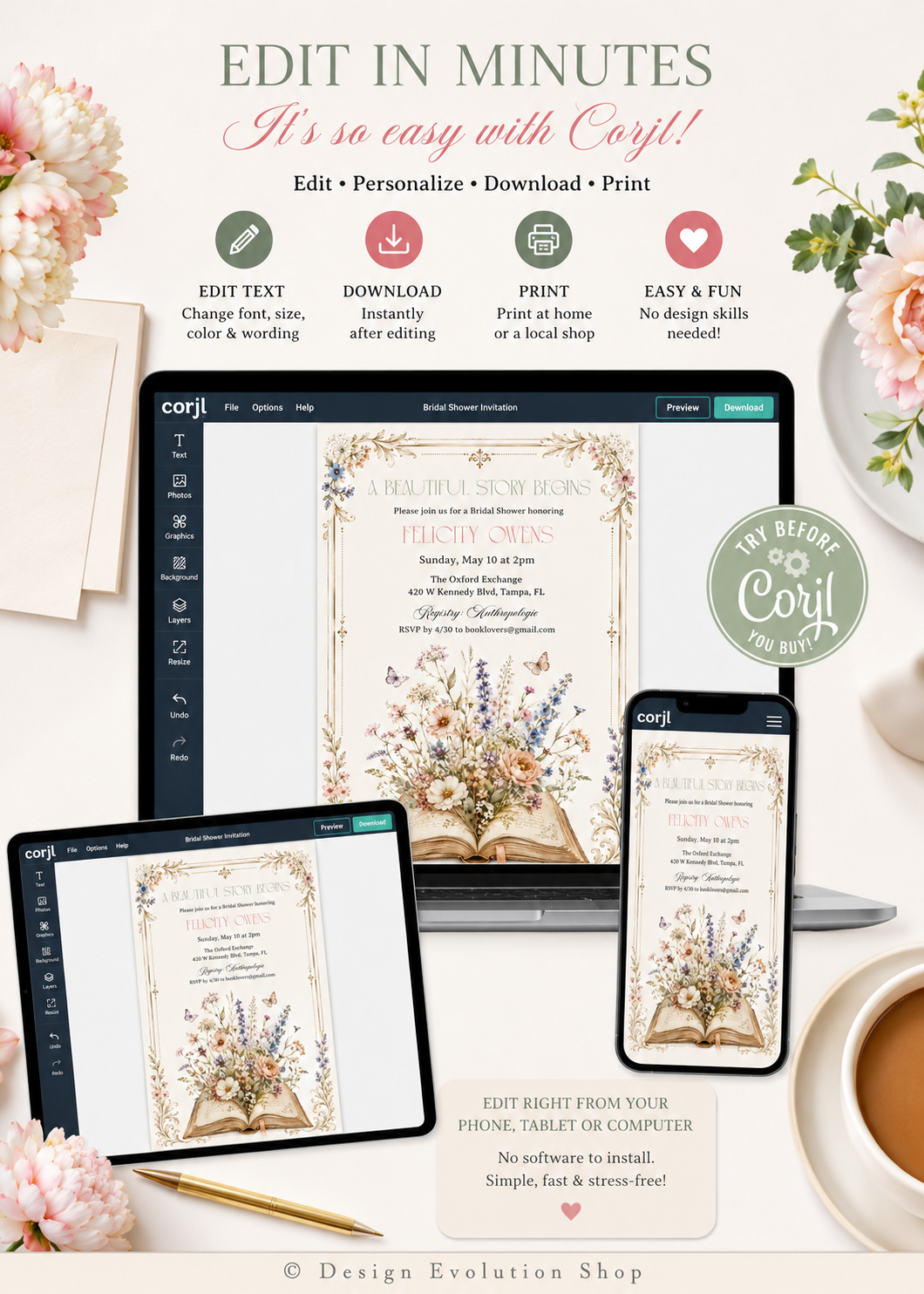 Floral Book Themed Bridal Shower Invitation Editable Template