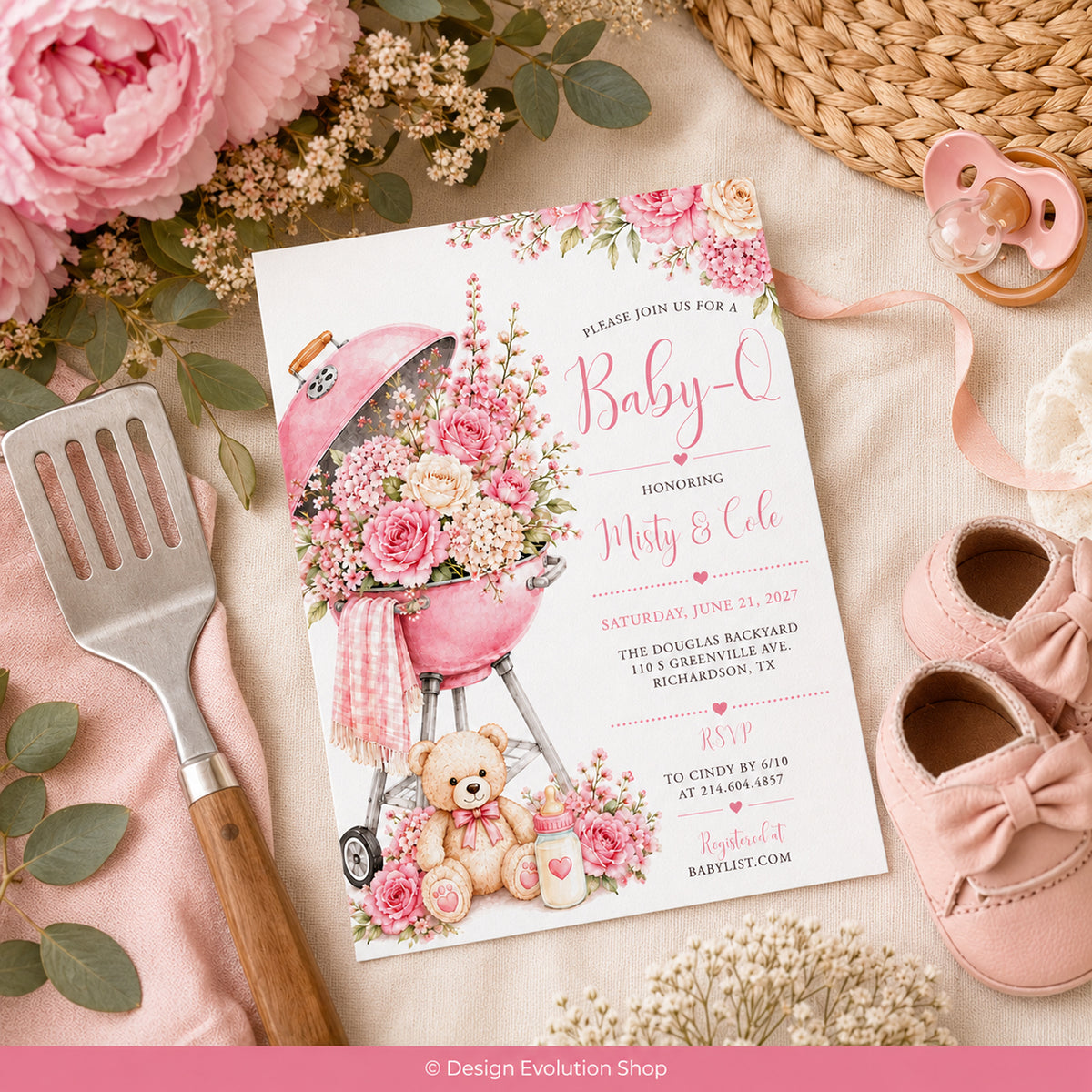 Baby-Q BBQ Shower Invitation | Pink Floral Grill |  Editable Template